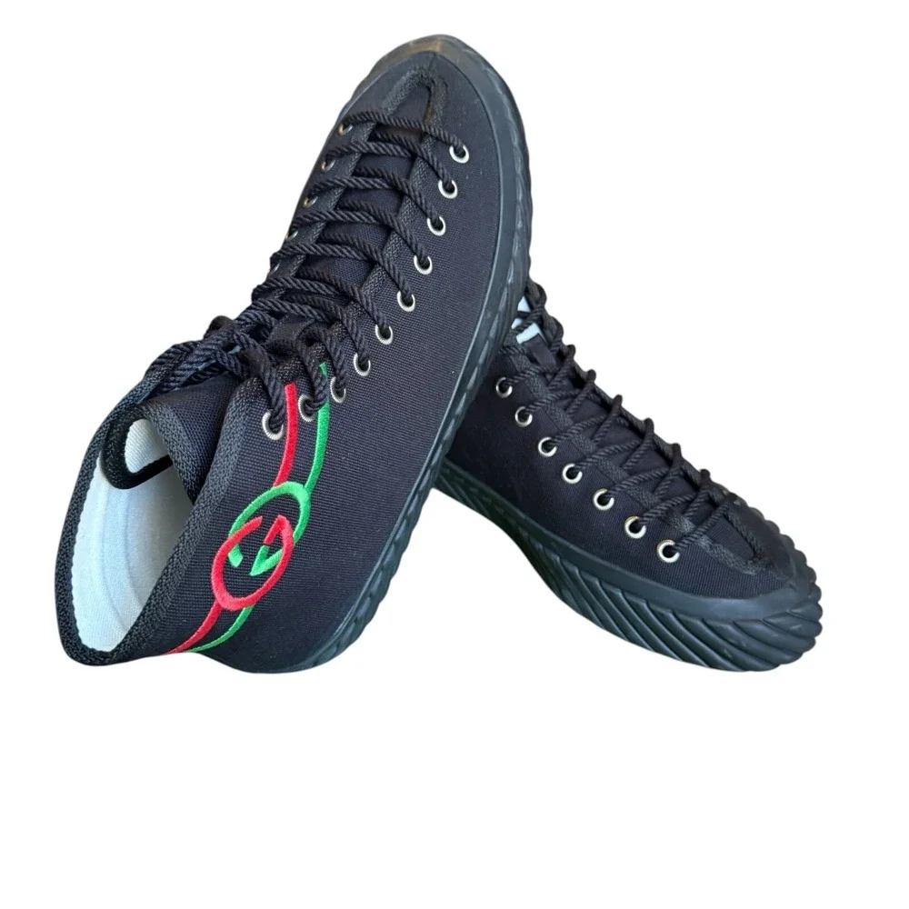 Gucci 703033 Mens Interlocking G High Black‎ Canvas Sneakers Sizd G 7.5